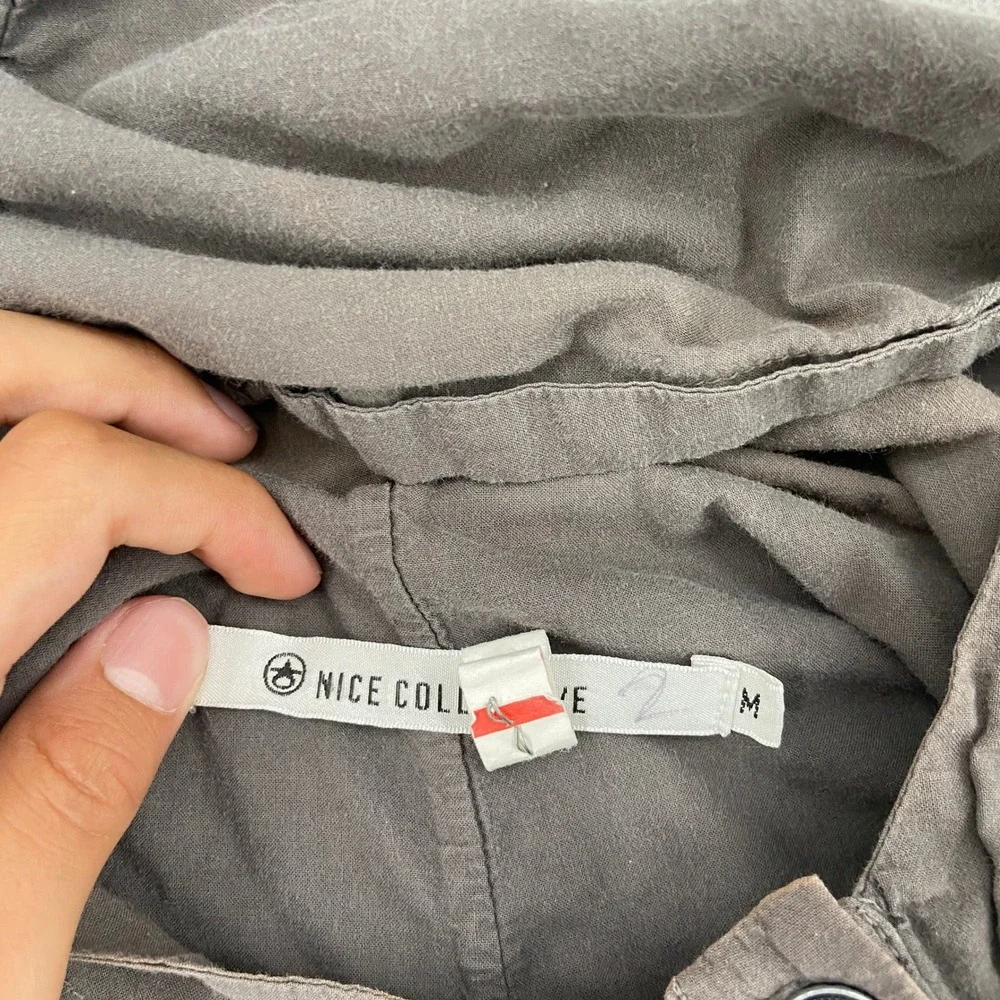 Nice Collective Mens Gray Hooded Long Sleeve Shirt Button Neck Pocket Size M